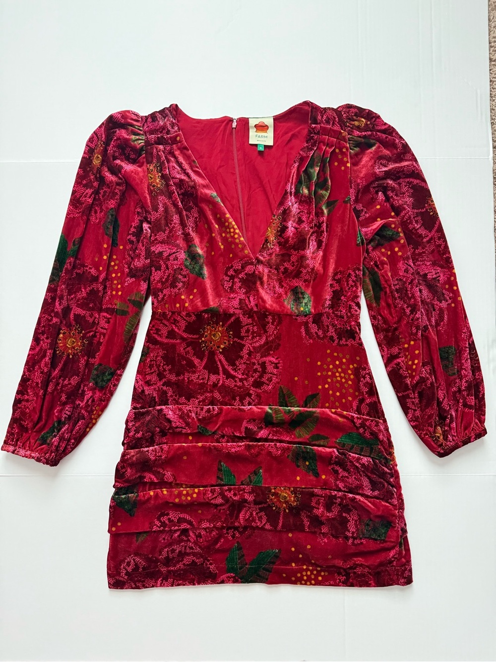 Farm Rio Red Shiny Flowers Velvet Mini Dress Medium Deep V Neck Ruched⁠ - Picture 2 of 16